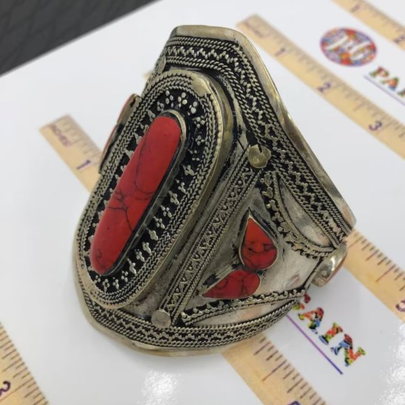 single Tribal Stone Cuff, Coral Stone Ethnic Afghan Cuff Bracelet, Handmade Afgh - Picture 2 of 8